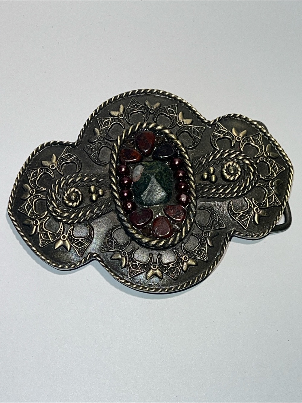Ornate Metal Belt Buckle with Green Center and Burgundy Accents Stones